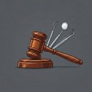 Illustration of a wooden judge’s gavel resting on a sound block, positioned in front of dental tools including a mirror, scaler, and forceps, representing a legal case related to dental care or malpractice.