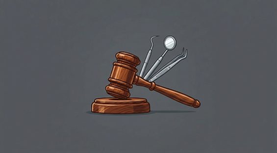 Illustration of a wooden judge’s gavel resting on a sound block, positioned in front of dental tools including a mirror, scaler, and forceps, representing a legal case related to dental care or malpractice.