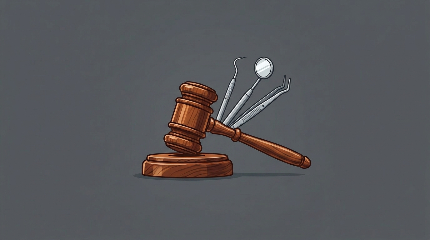 Illustration of a wooden judge’s gavel resting on a sound block, positioned in front of dental tools including a mirror, scaler, and forceps, representing a legal case related to dental care or malpractice.