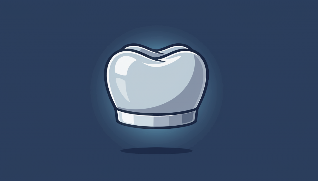 Illustration of a single silver-gray dental crown floating against a dark blue background, shown with smooth reflective shading and a slight shadow beneath.