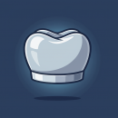 Illustration of a single silver-gray dental crown floating against a dark blue background, shown with smooth reflective shading and a slight shadow beneath.
