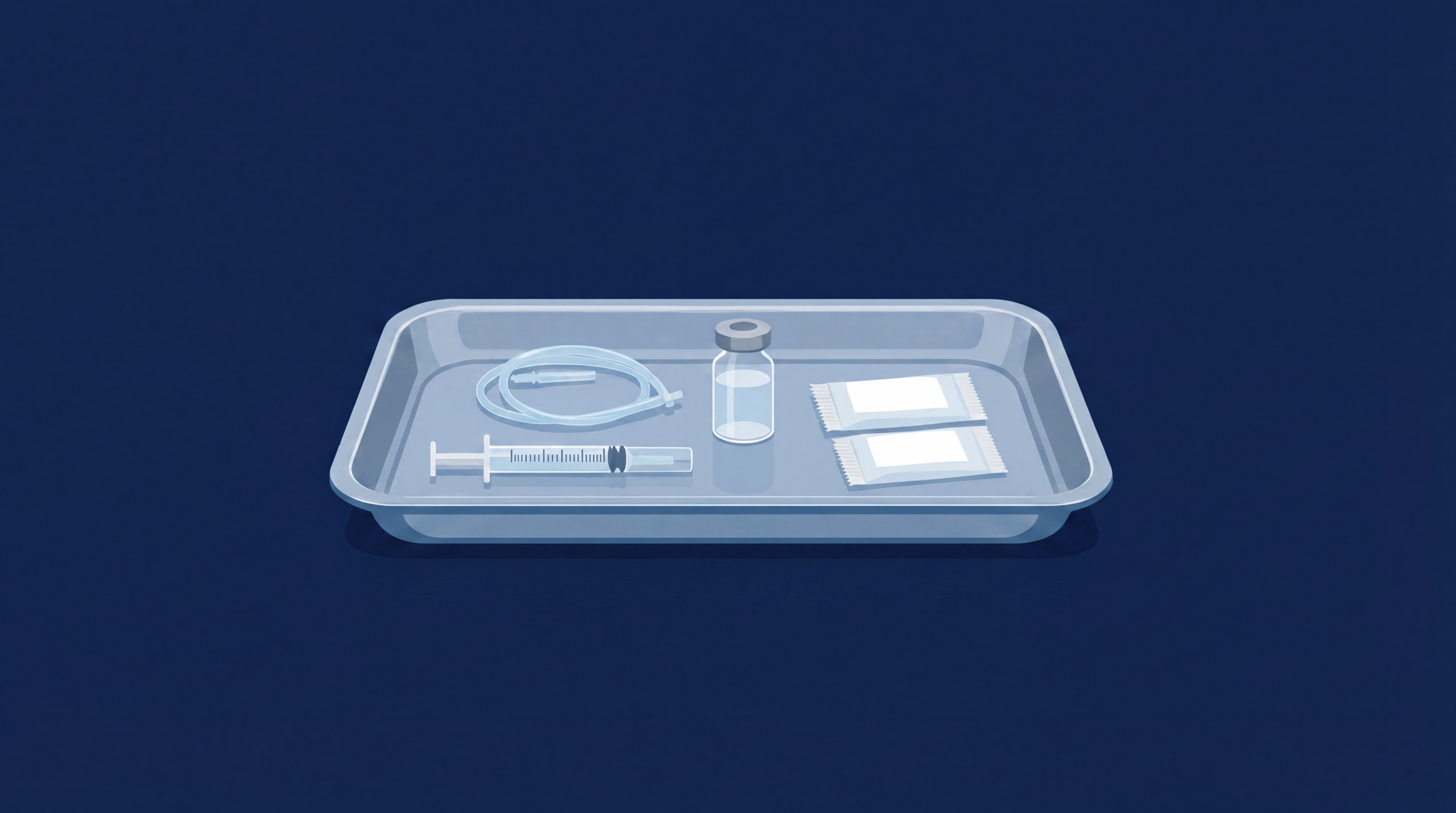 Illustration of a medical sedation tray on a dark blue background containing a syringe, clear tubing, a medication vial, and two sealed packets arranged neatly inside a plastic tray.