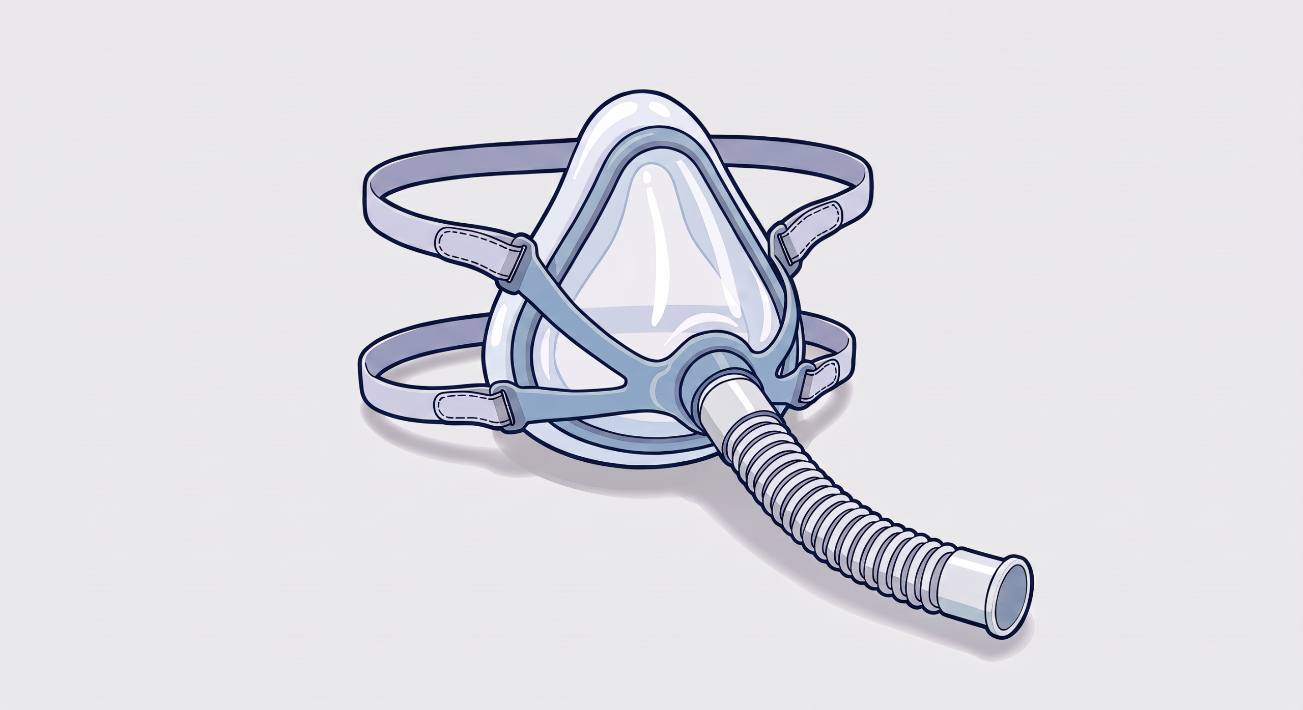 Illustration of a respiratory mask with head straps and a flexible breathing tube.